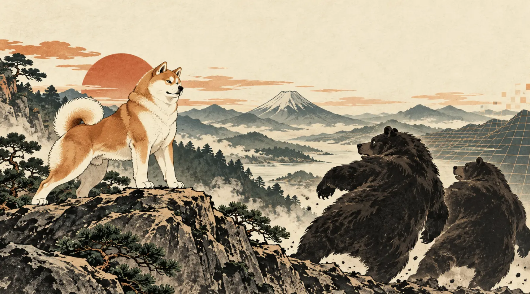 An Akita standing its ground against bears in a Japanese mountain landscape